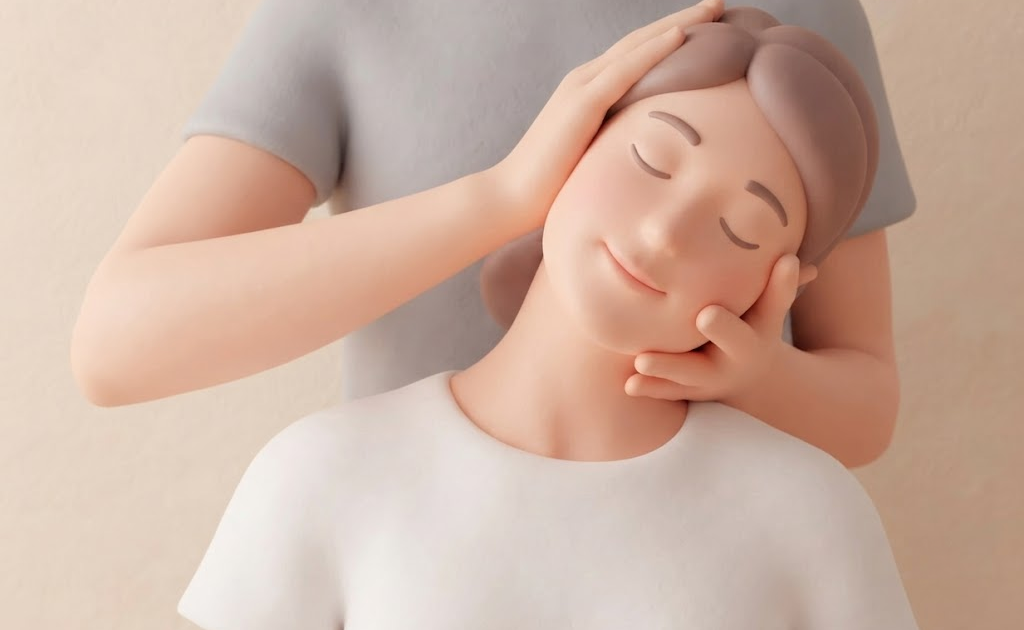 A 3D clay-style illustration of a professional chiropractor or therapist performing a gentle manual neck adjustment and cervical mobilization stretch on a woman.