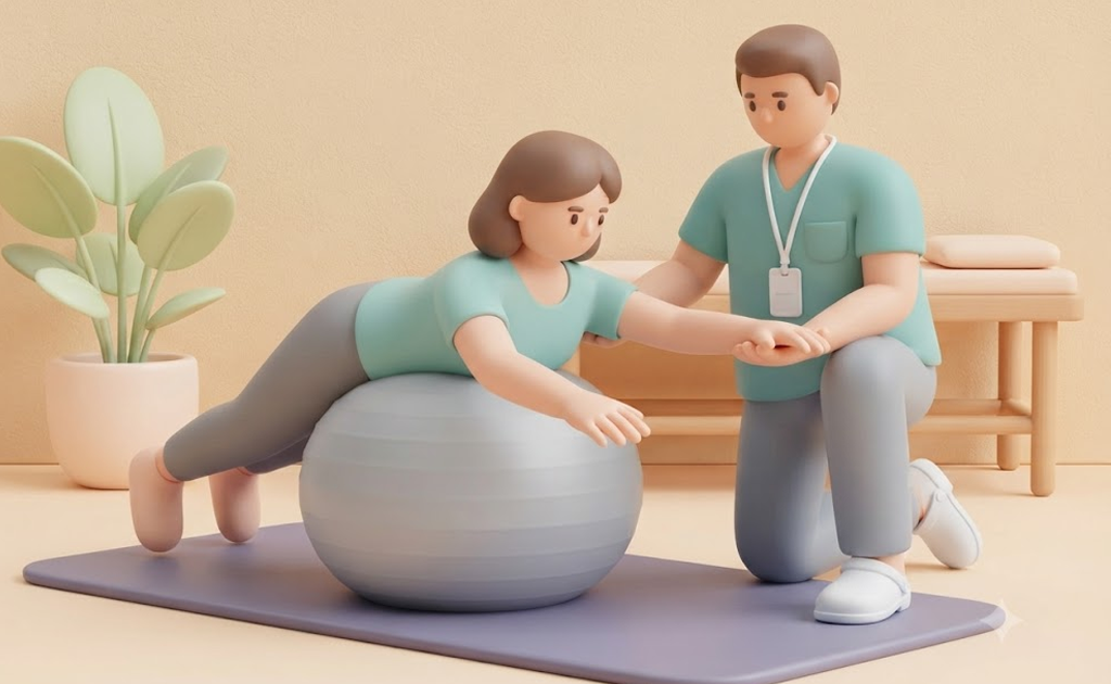 A 3D clay-style illustration of a male physiotherapist in green scrubs guiding a woman through a core stability exercise on a grey gym ball.