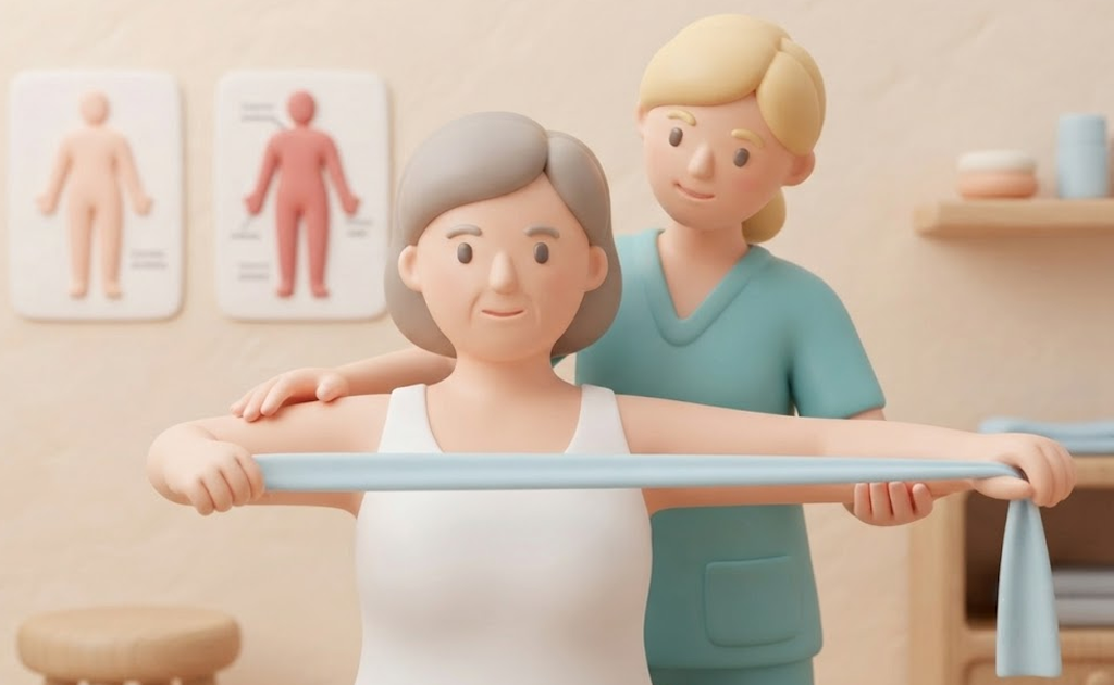 A 3D clay-style illustration of a female physical therapist in green scrubs guiding an elderly woman through an arm exercise using a light blue resistance band.