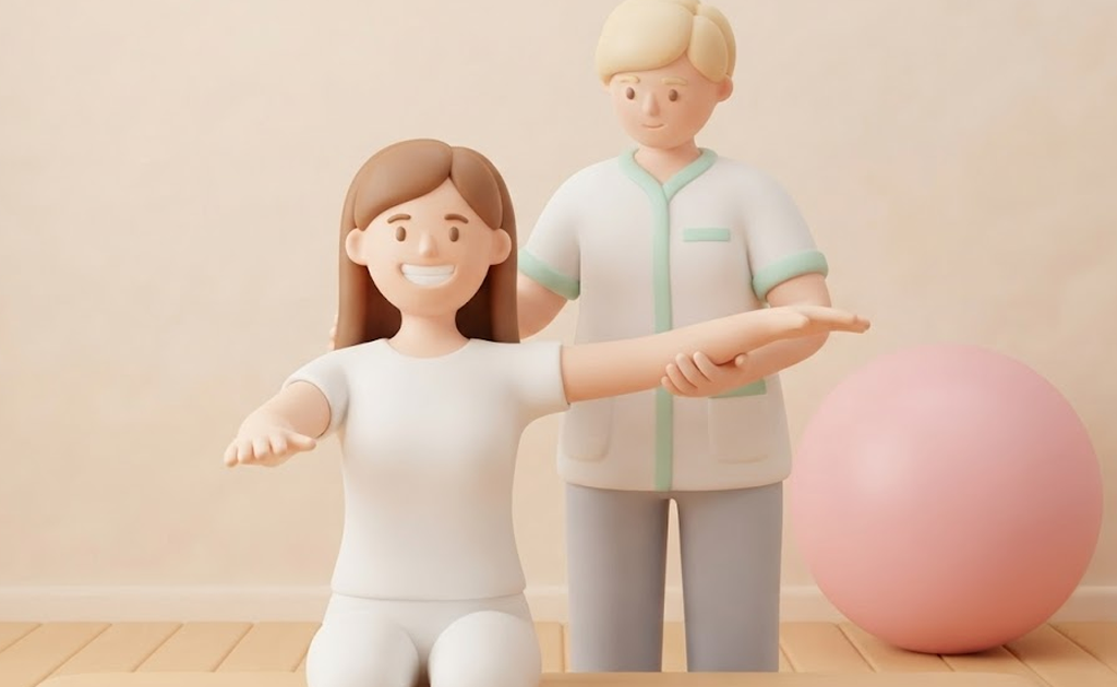 A 3D clay-style illustration of a male physical therapist assessing a smiling woman's shoulder mobility and arm range of motion on a treatment table.
